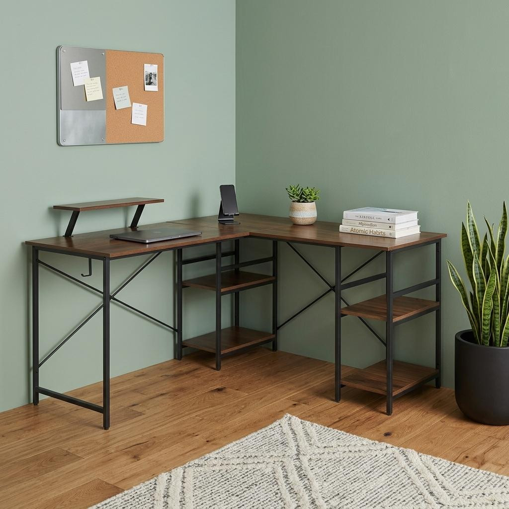 723781 59 in. Walnut & Black Wood & Steel L Shape Computer Desk