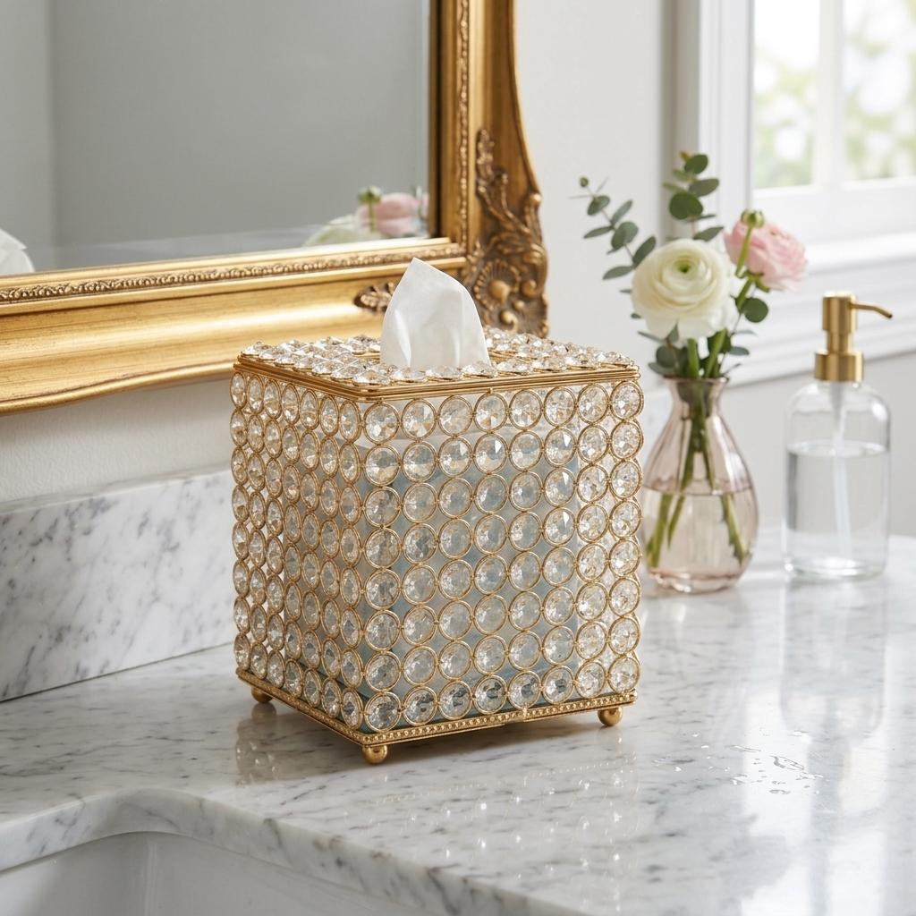 738416 7 in. Clear & Gold Crystal & Iron Tissue Box Cover