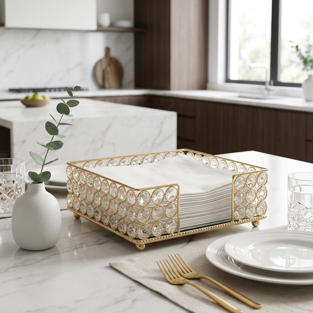 741776 8 in. Gold Iron & Crystal Square Napkin Holder