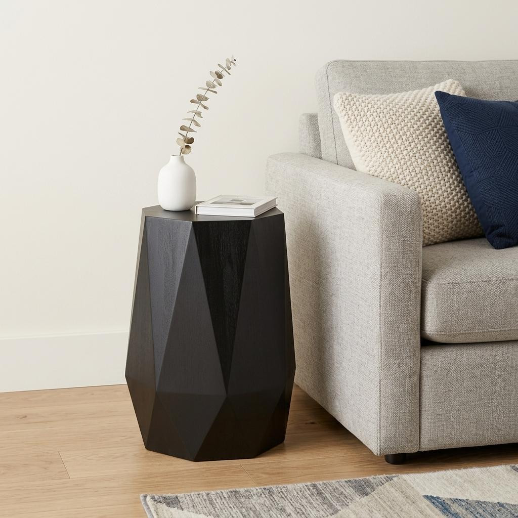 641883 21 in. Matte Black Solid Wood Octagonal Block End Table
