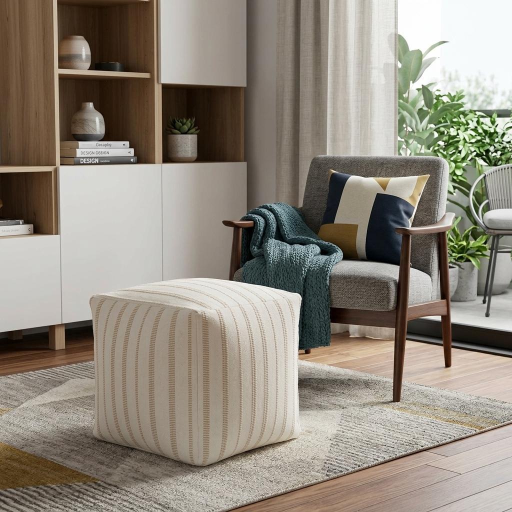755497 18 in. Beige & Ivory Cotton Blend Striped Cube Pouf Ottoman