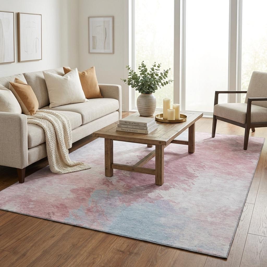 696760 5 x 8 ft. Blush Blue & Ivory Abstract Washable Area Rug with UV Protection