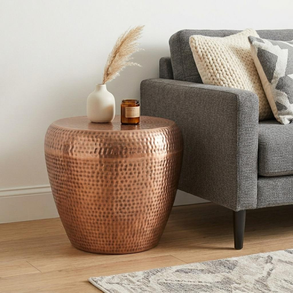 636102 18 in. Hammered Copper Distressed Iron Round Drum End Table