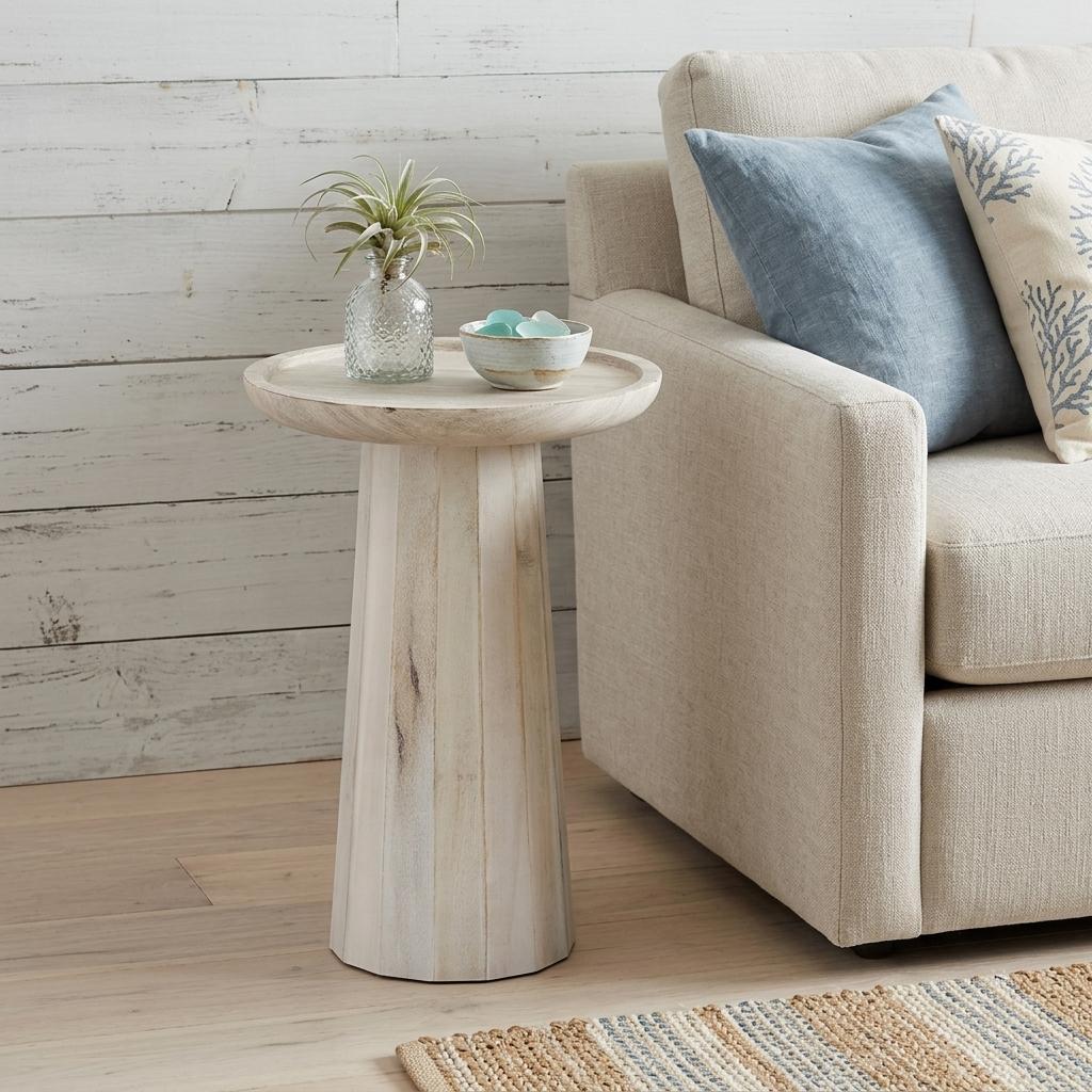 641889 19 in. Washed Natural & White Distressed Solid Wood Round Pedestal End Table