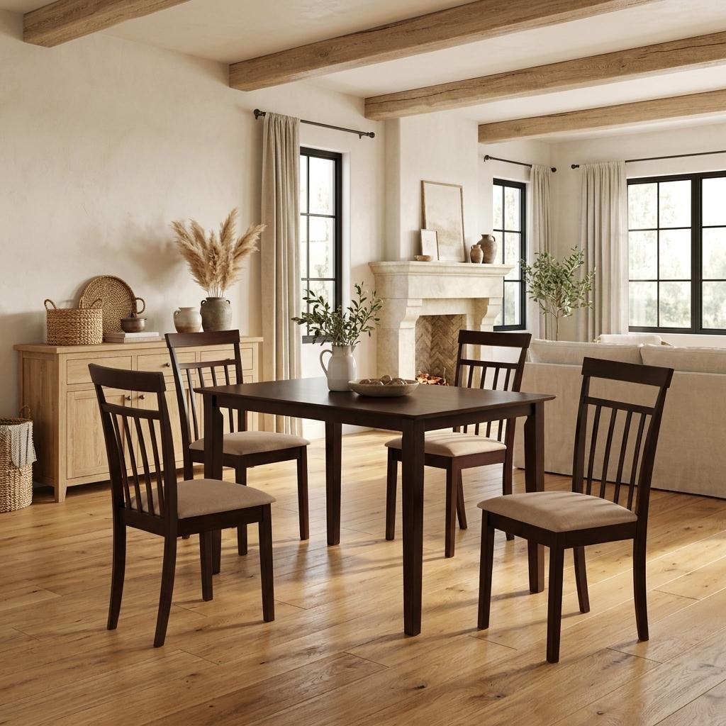 573992 Five Piece Espresso Wood Dining Set with Four Chairs