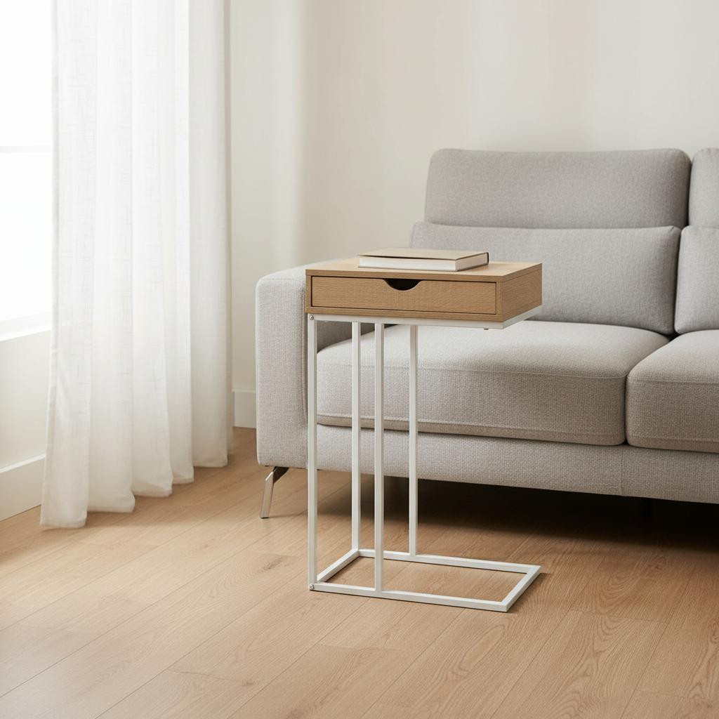 489690 24 in. Natural & White Laminate & Iron End Table with Drawer