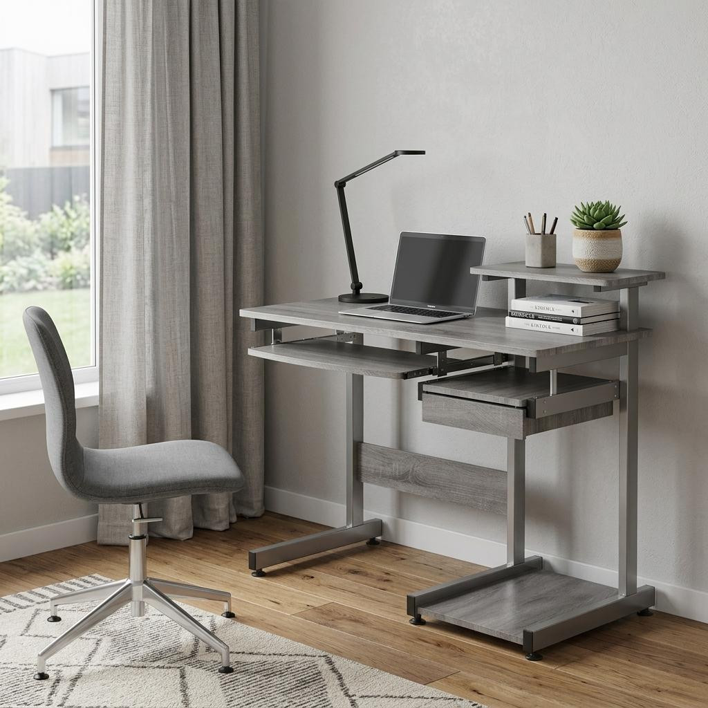723729 38 in. Gray & Silver Wood & Steel Sled Computer Desk