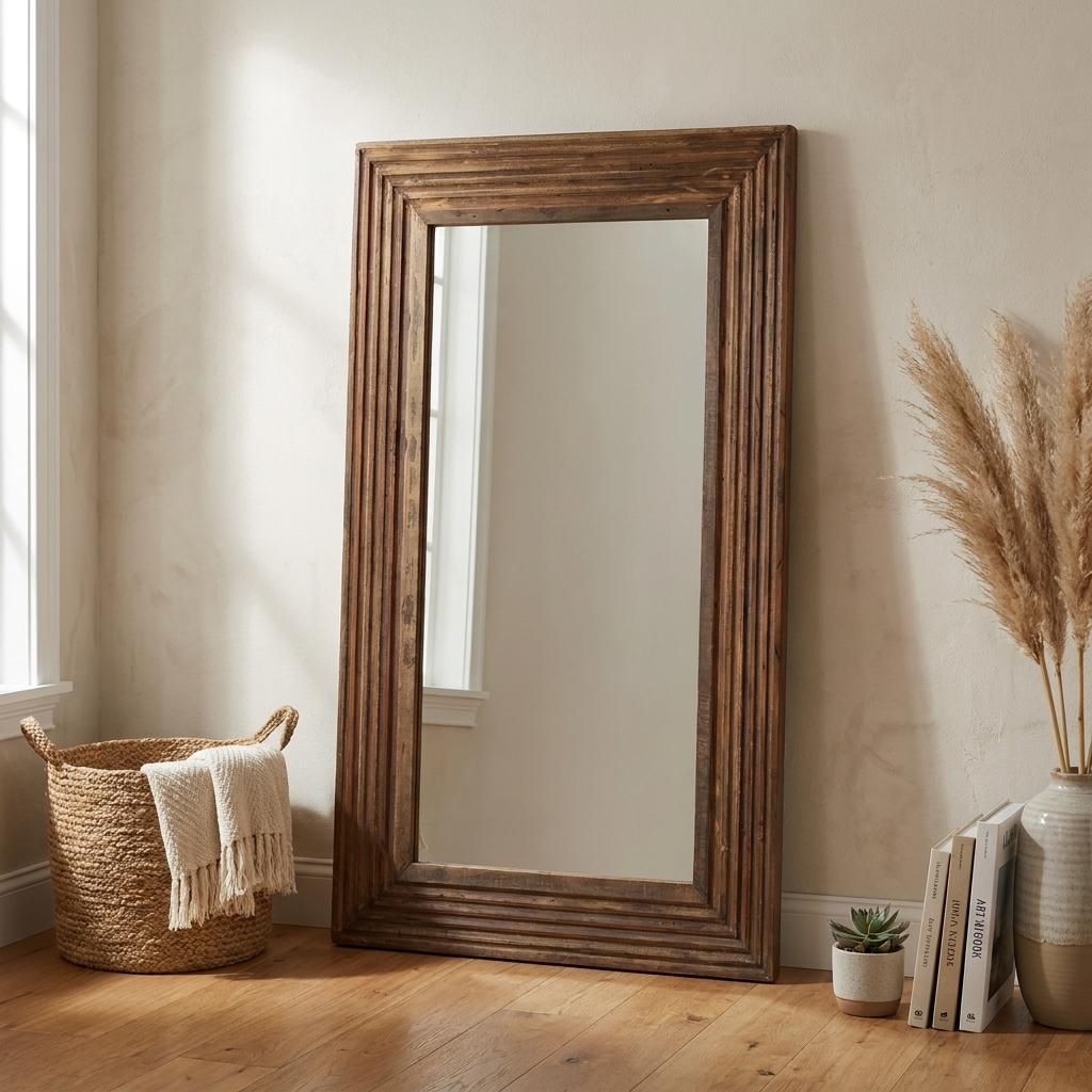 729175 48 in. Brown Ribbed Solid Wood Wall Mounted & Leaning Framed Accent Mirror
