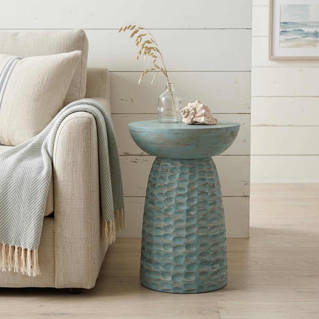 641902 18 in. Teal Blue Distressed Solid Wood Round Drum End Table