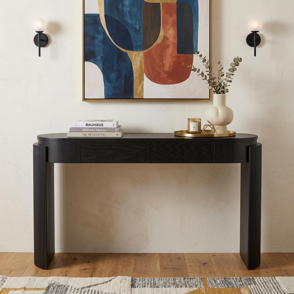 738113 55 in. Black Wood Oval Double Pedestal Console Table with Two Drawers