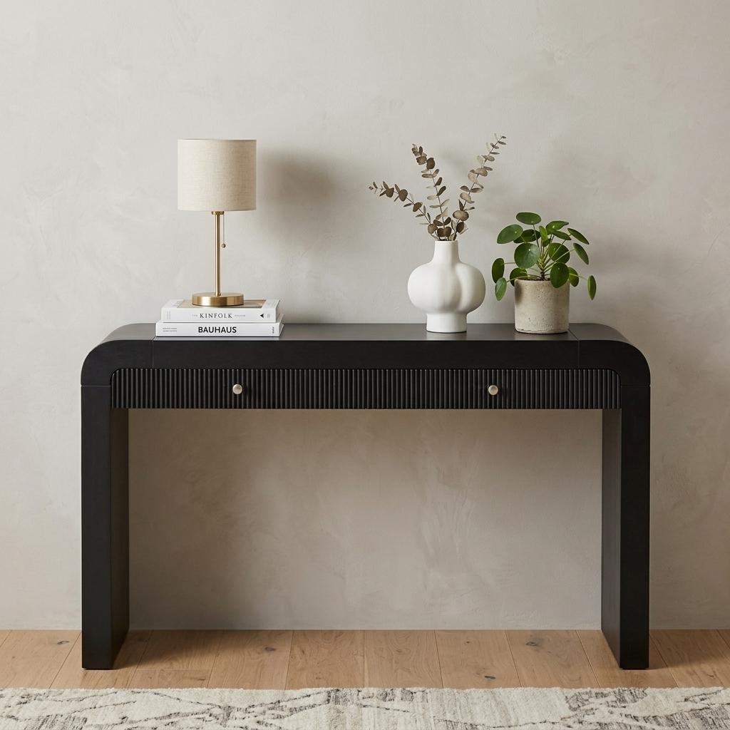 738120 54 in. Black Wood Double Pedestal Curved Edge Console Table with Two Drawers
