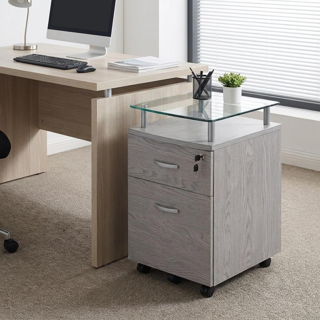 723069 Gray Glass & Metal Two Drawer Rolling Filing Cabinet