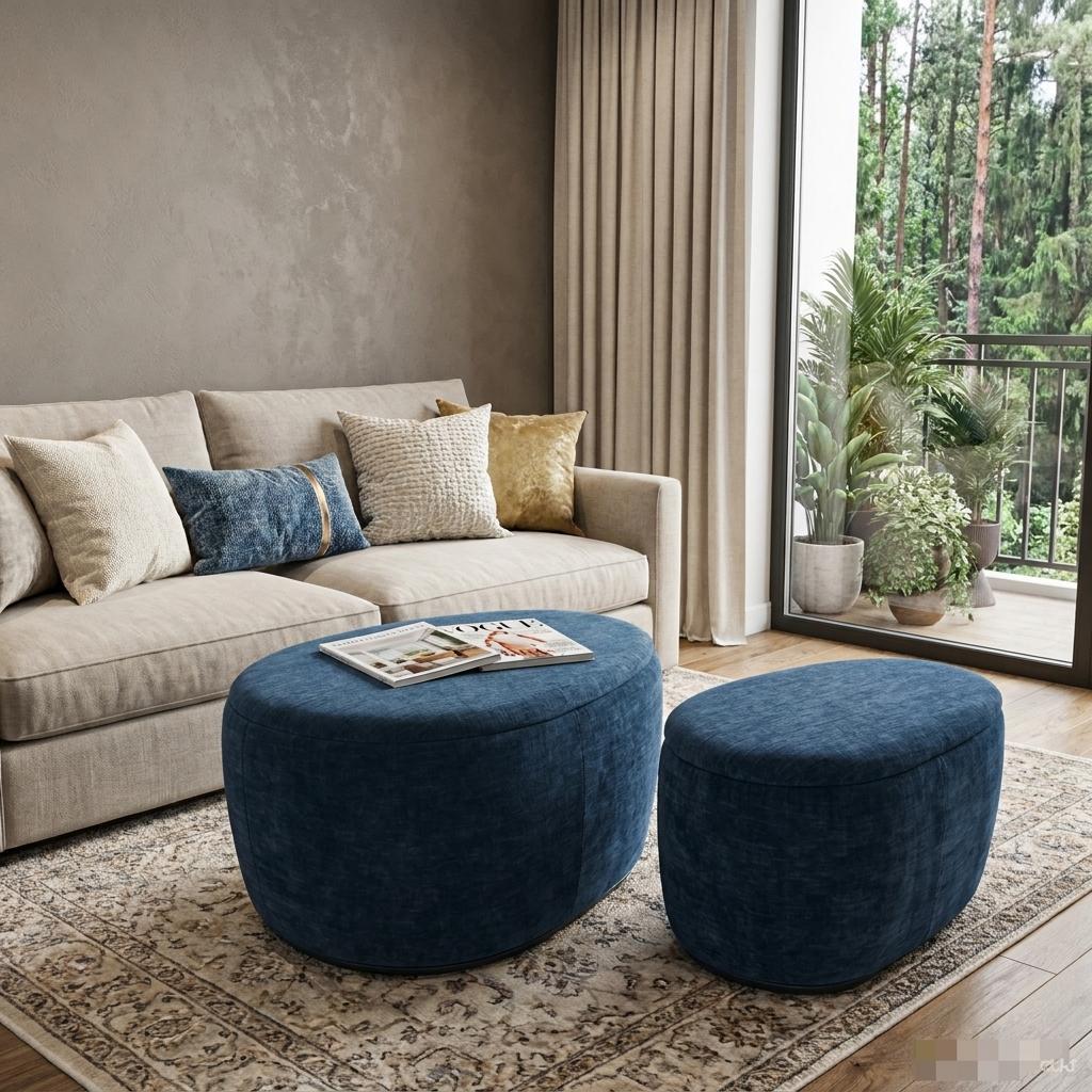 748606 34 in. Set of Two Blue Chenille Round Ottoman with Storage