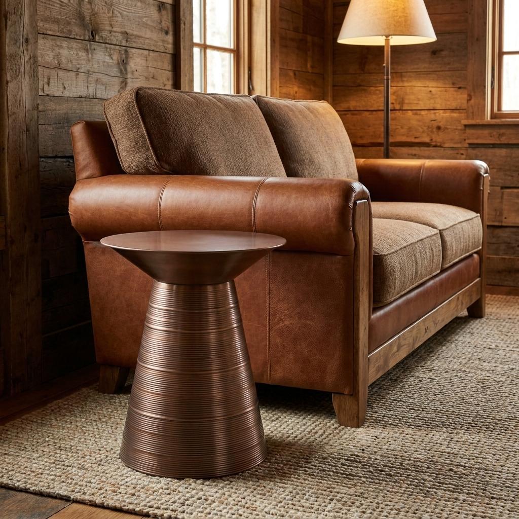 636101 20 in. Textured Copper Distressed Iron Round Pedestal End Table