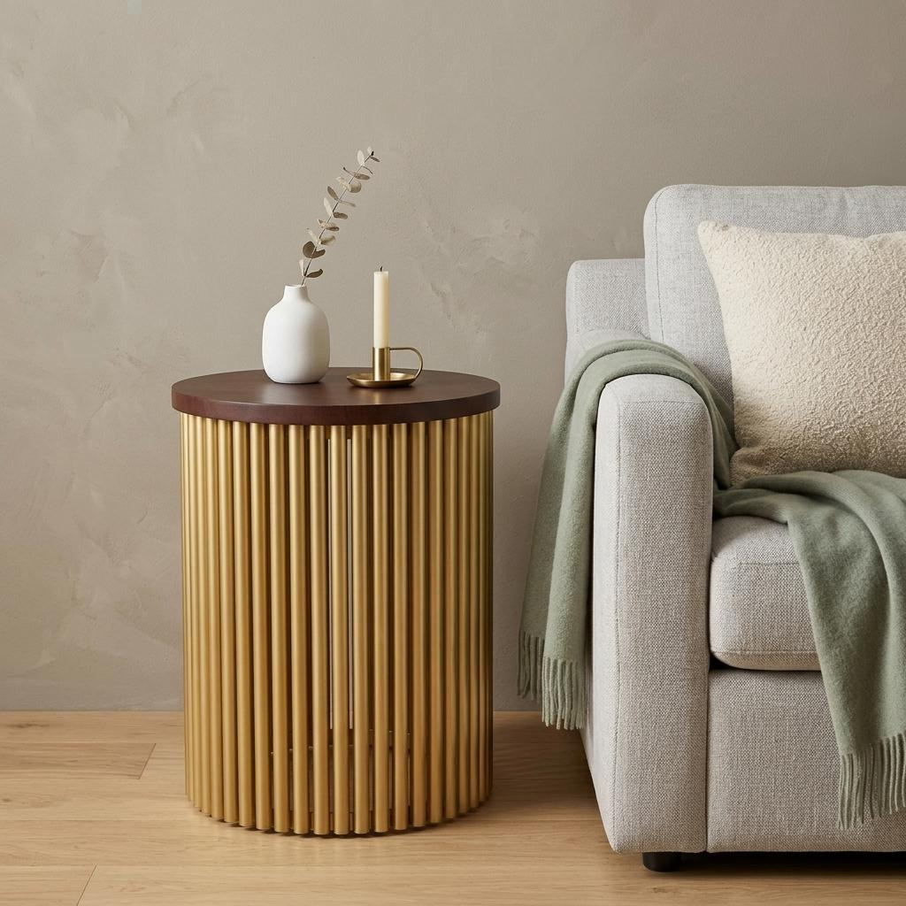 636116 21 in. Glossy Dark Brown & Gold Solid Wood & Iron Round Drum End Table