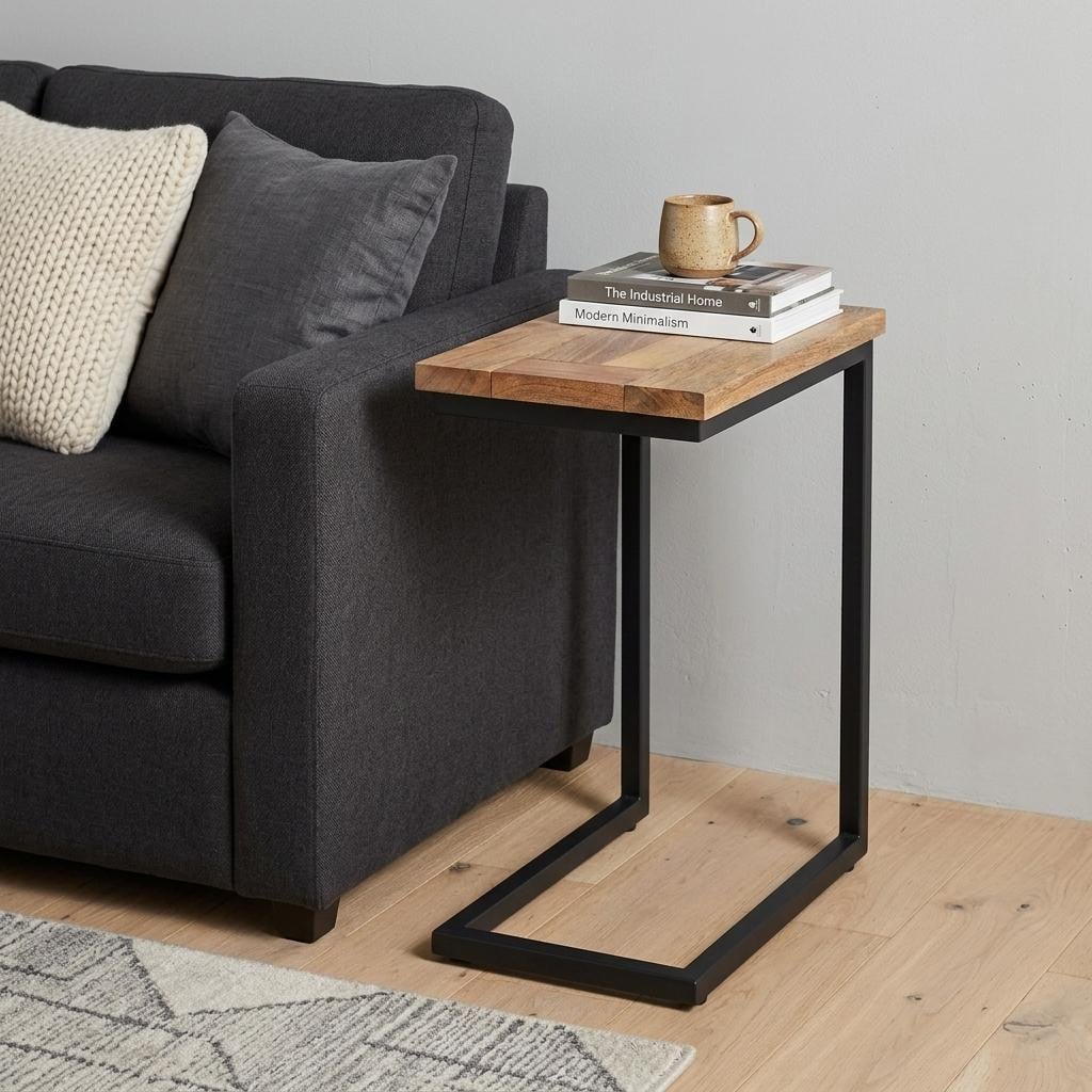 641880 24 in. Powder Coated Natural & Charcoal Solid Wood & Iron End Table