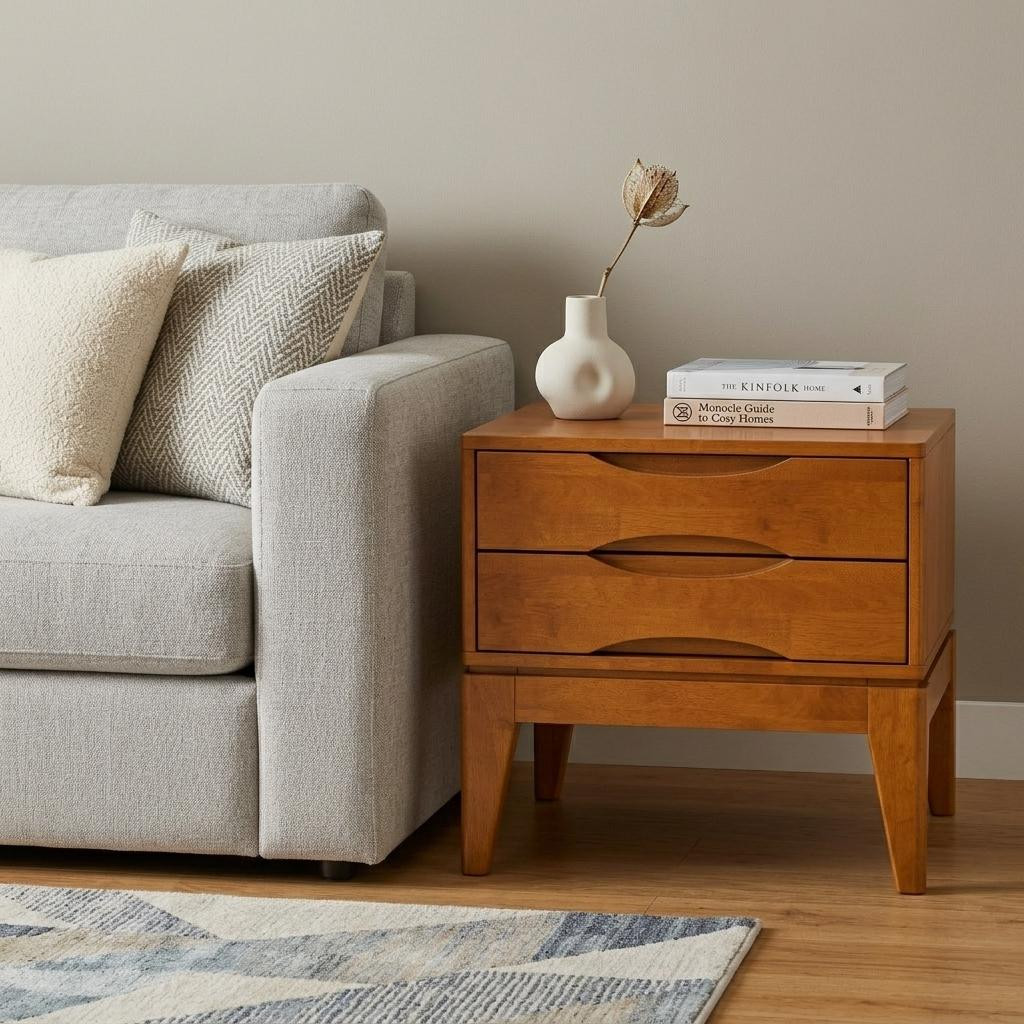 641882 20 in. Natural Brown Wood Square End Table with Two Drawers