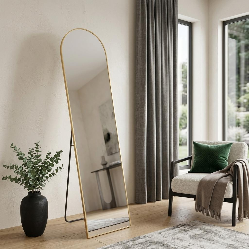 719131 59 in. Gold Metal Arch Wall Mounted Leaning & Freestanding Framed Full Length Mirror