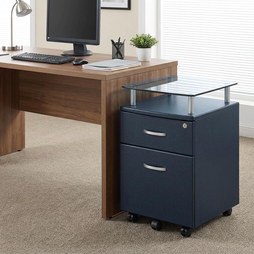 723068 Graphite Glass Wood & Metal Two Drawer Rolling Filing Cabinet