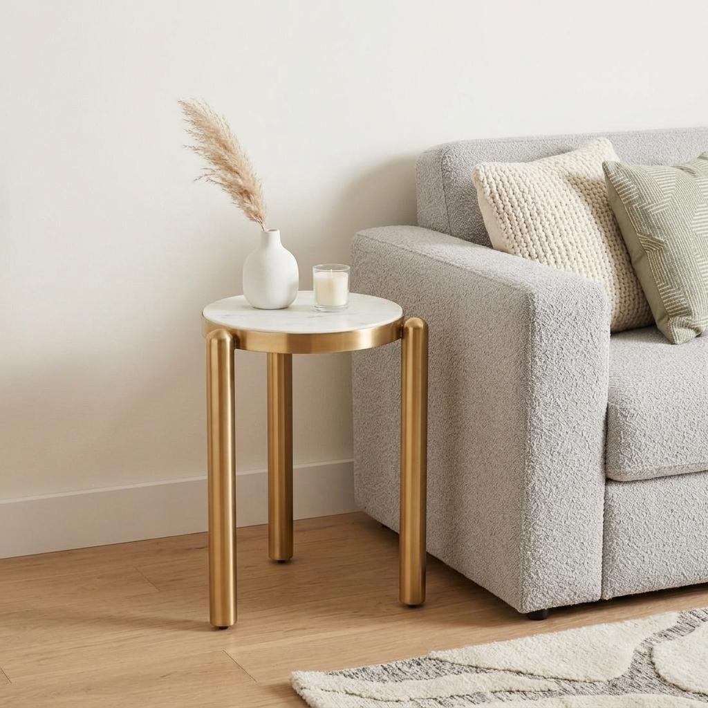 738625 22 in. White & Gold Marble & Iron Round End Table