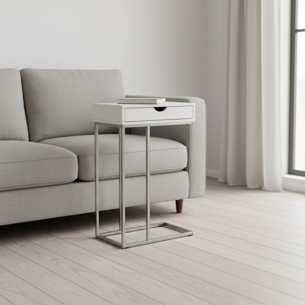 489692 24 in. White & Silver Laminate & Iron End Table with Drawer