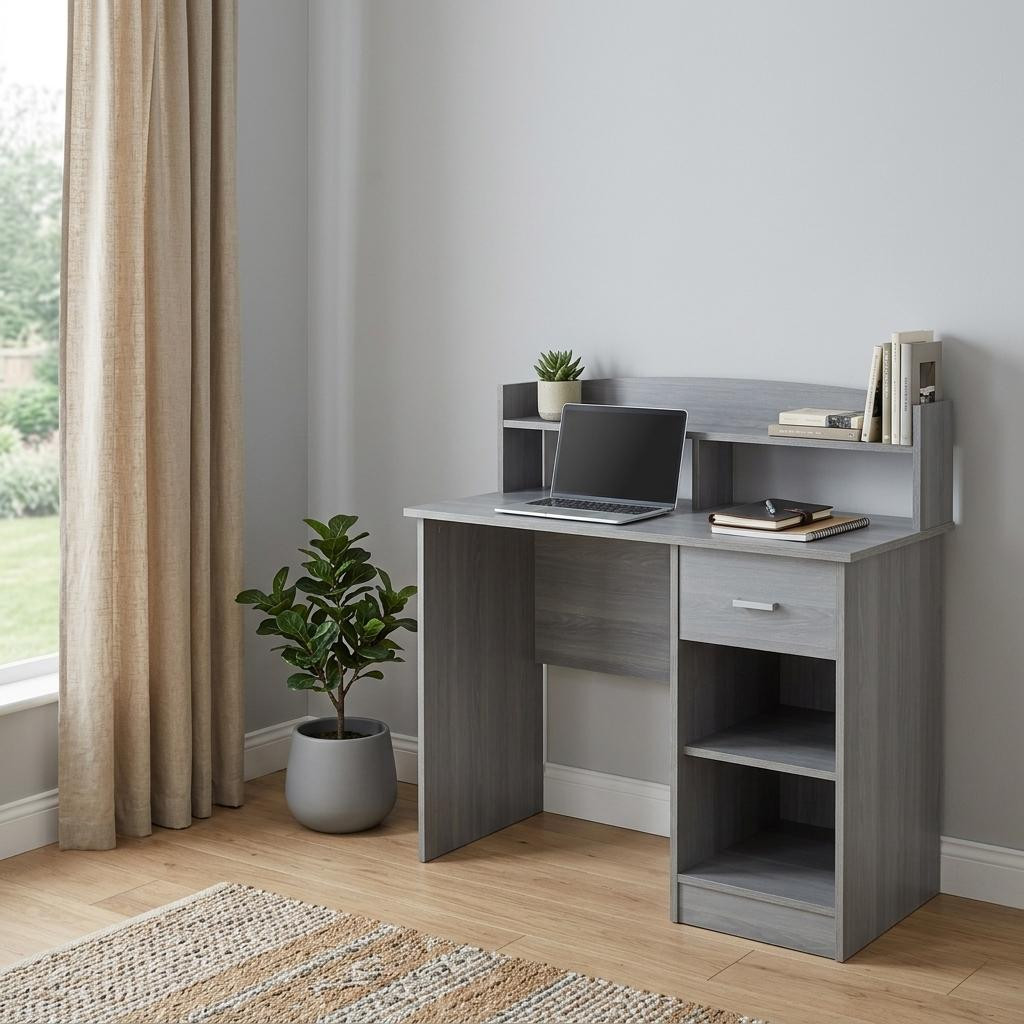 723761 41 in. Gray Wood Pedestal Computer Desk with Hutch