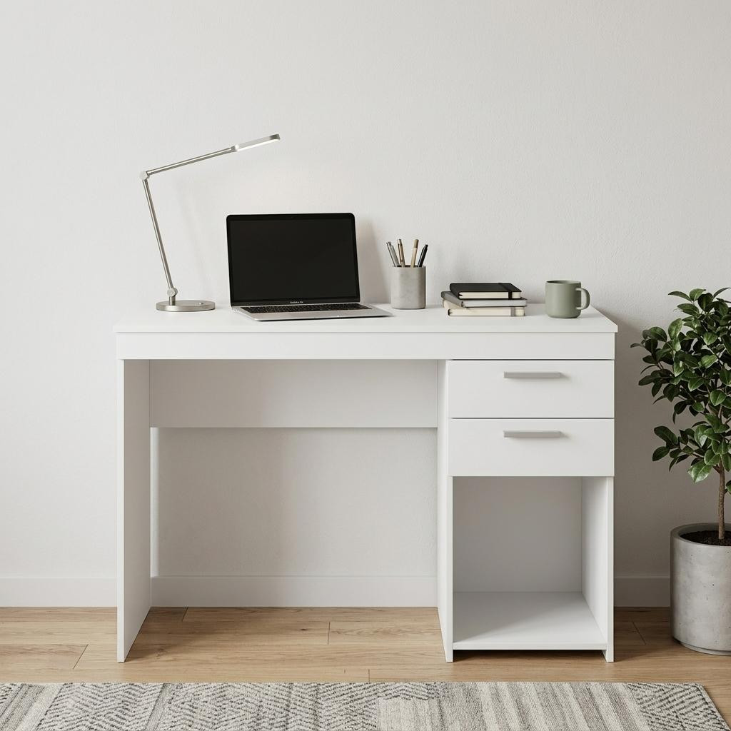 723764 48 in. White Wood Pedestal Computer Desk with Two Drawers