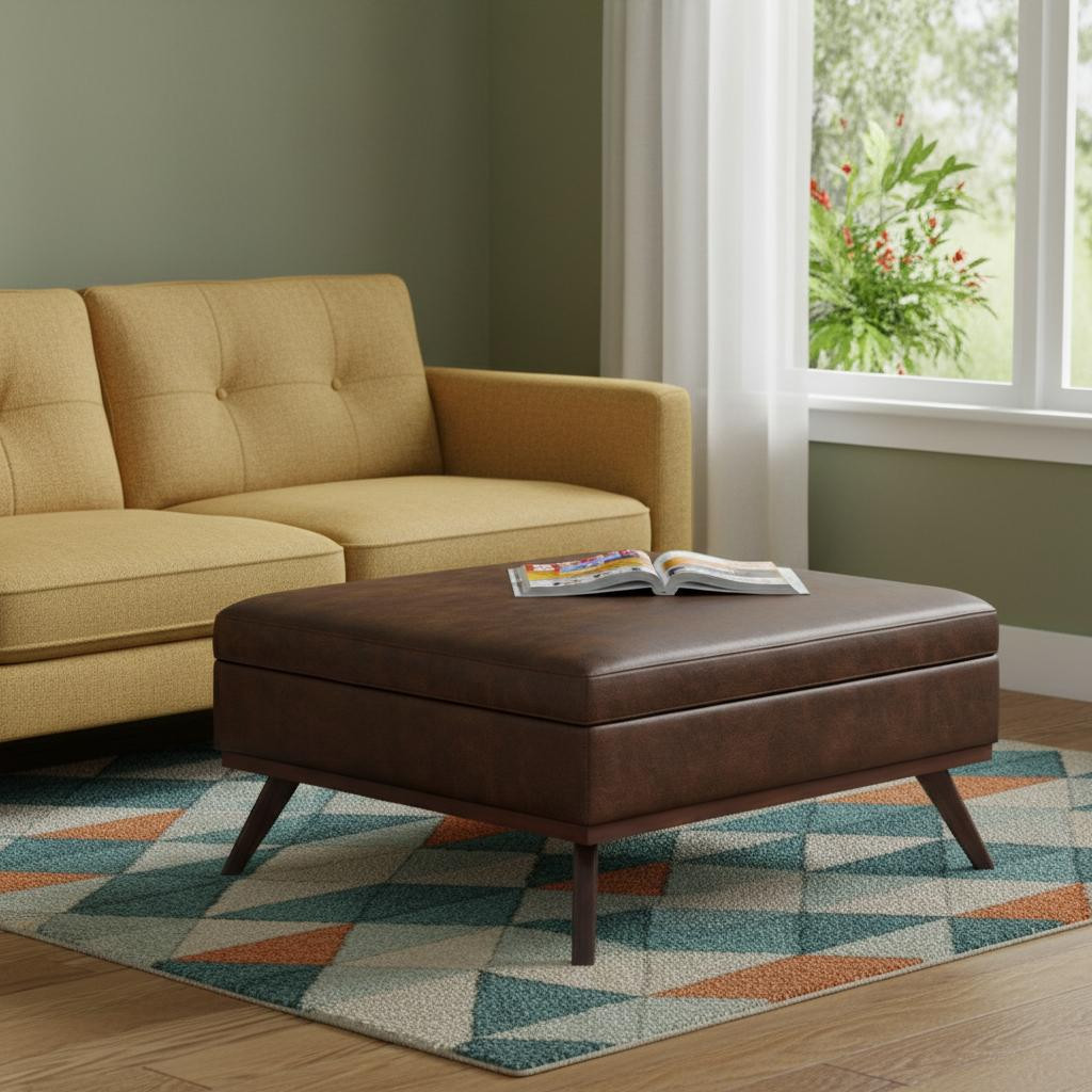 641759 40 in. Chestnut & Brown Faux Leather Ottoman with Storage