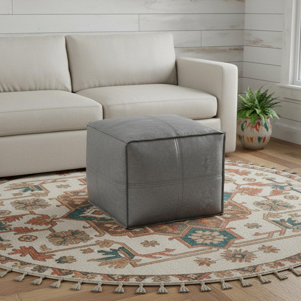 638549 18 in. Gray Faux Leather Pouf Ottoman