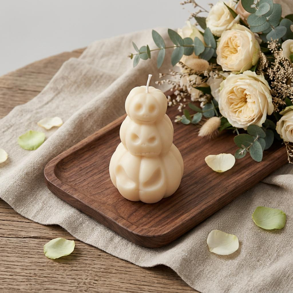 723147 3 in. Ivory Unscented Dimensional Pumpkin Trio Soy Wax Candle