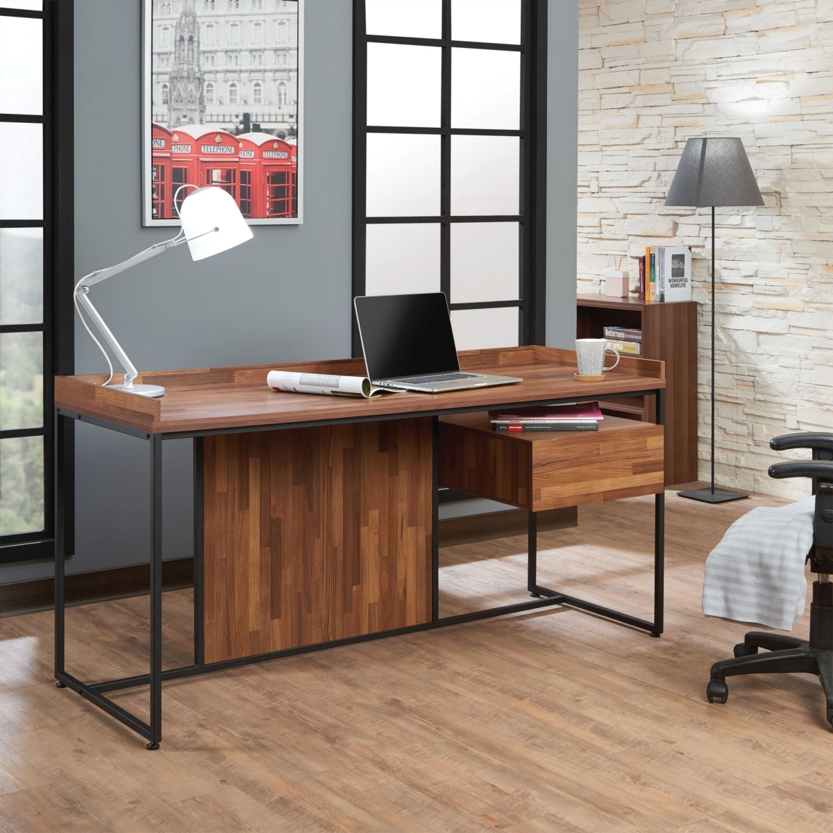 62 x 24 x 31 in. Walnut & Sandy Black Metal Desk