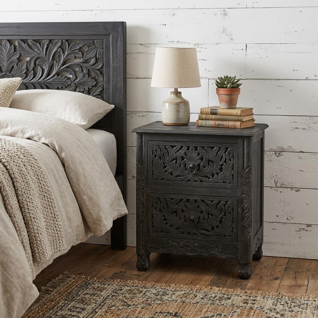755905 27 in. Black Solid Wood Square Distressed Carved Floral Two Drawer Nightstand