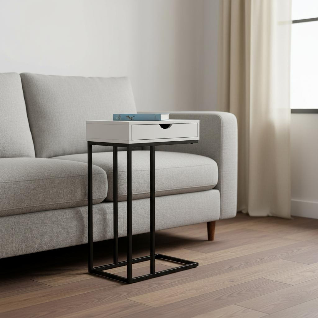489691 24 in. White & Black Laminate & Iron End Table with Drawer