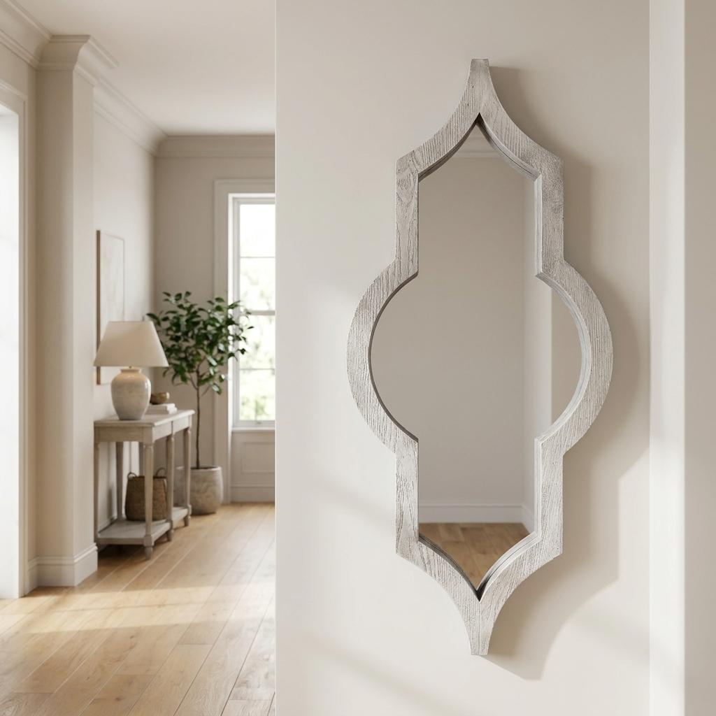 729166 34 in. White Solid Wood Quatrefoil Framed Accent Mirror, Gray