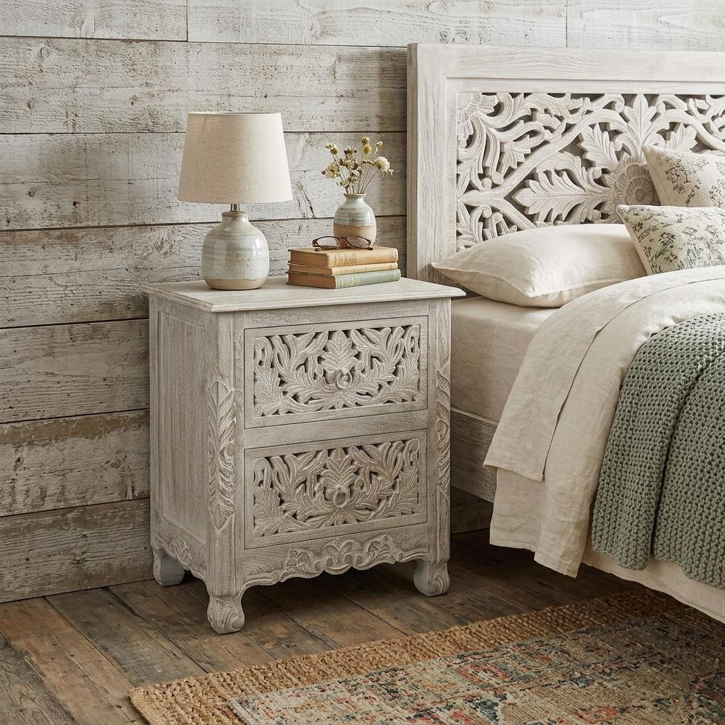 755906 27 in. Gray Solid Wood Square Distressed Carved Floral Two Drawer Nightstand