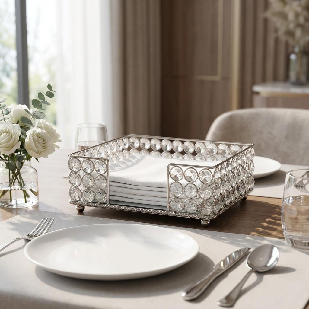 741775 8 in. Silver Iron & Crystal Square Napkin Holder