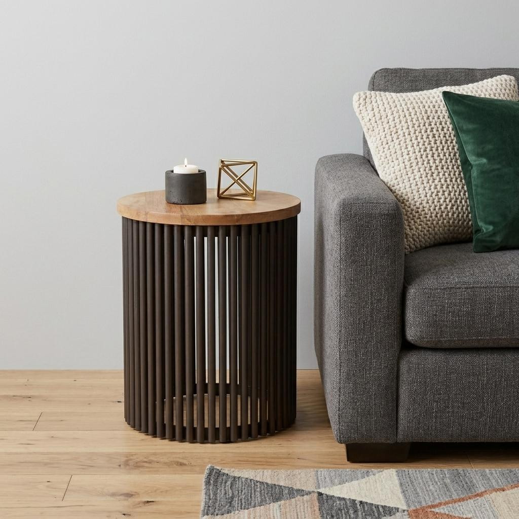 636072 21 in. Natural & Black Solid Wood & Iron Round Drum End Table