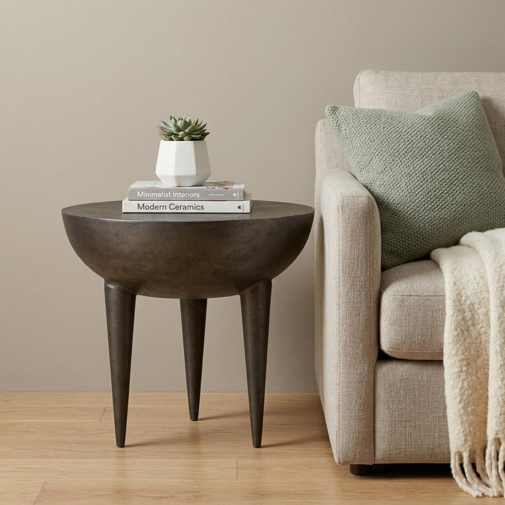 636090 18 in. Matte Graphite Distressed Aluminum Round End Table
