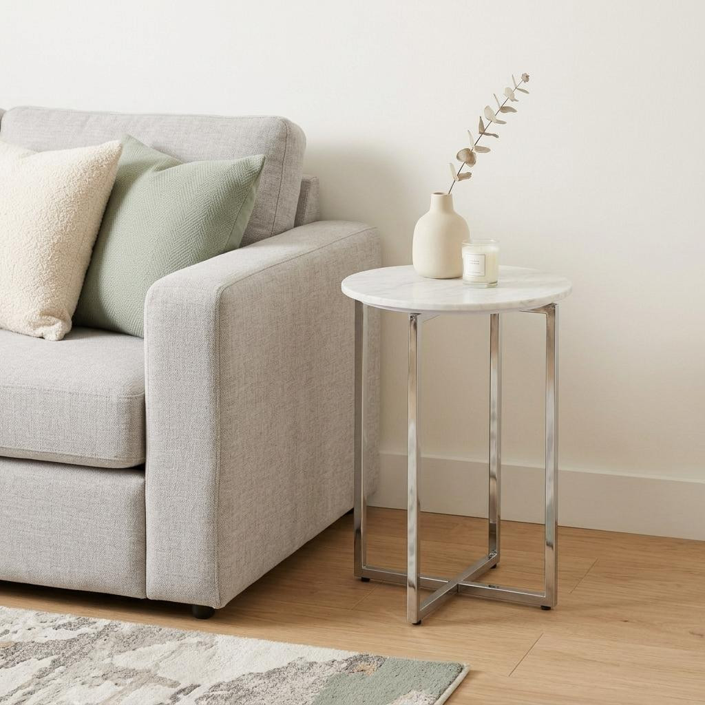 636121 24 in. Glossy White & Silver Marble & Stainless Steel Round Cross Legs End Table & Trunk Storage