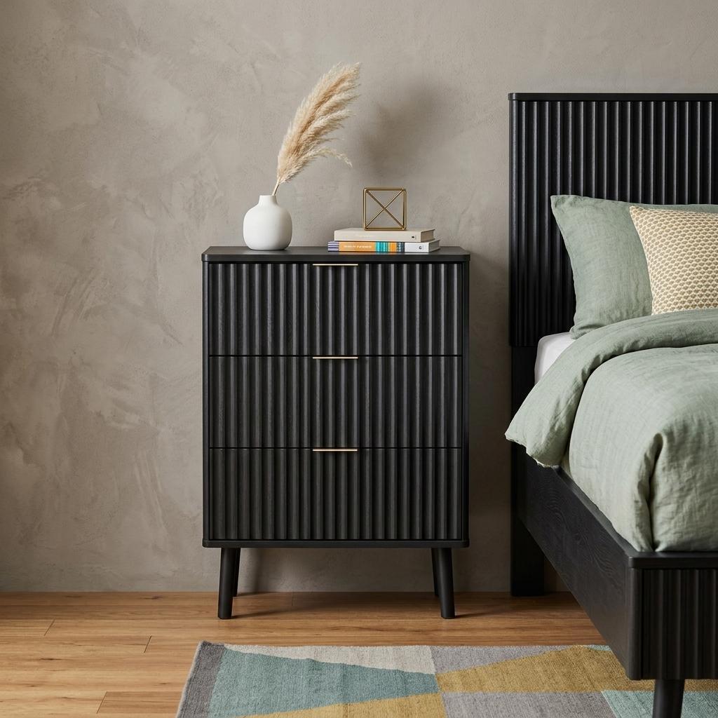 737992 24 in. Black Wood Ribbed Texture Two Drawer Nightstand