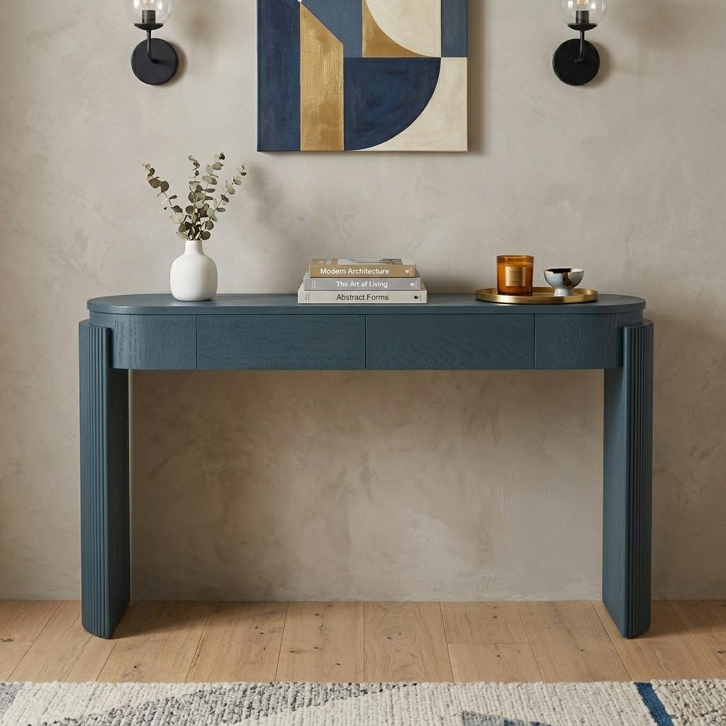 738115 55 in. Teal Blue Wood Oval Double Pedestal Console Table with Two Drawers
