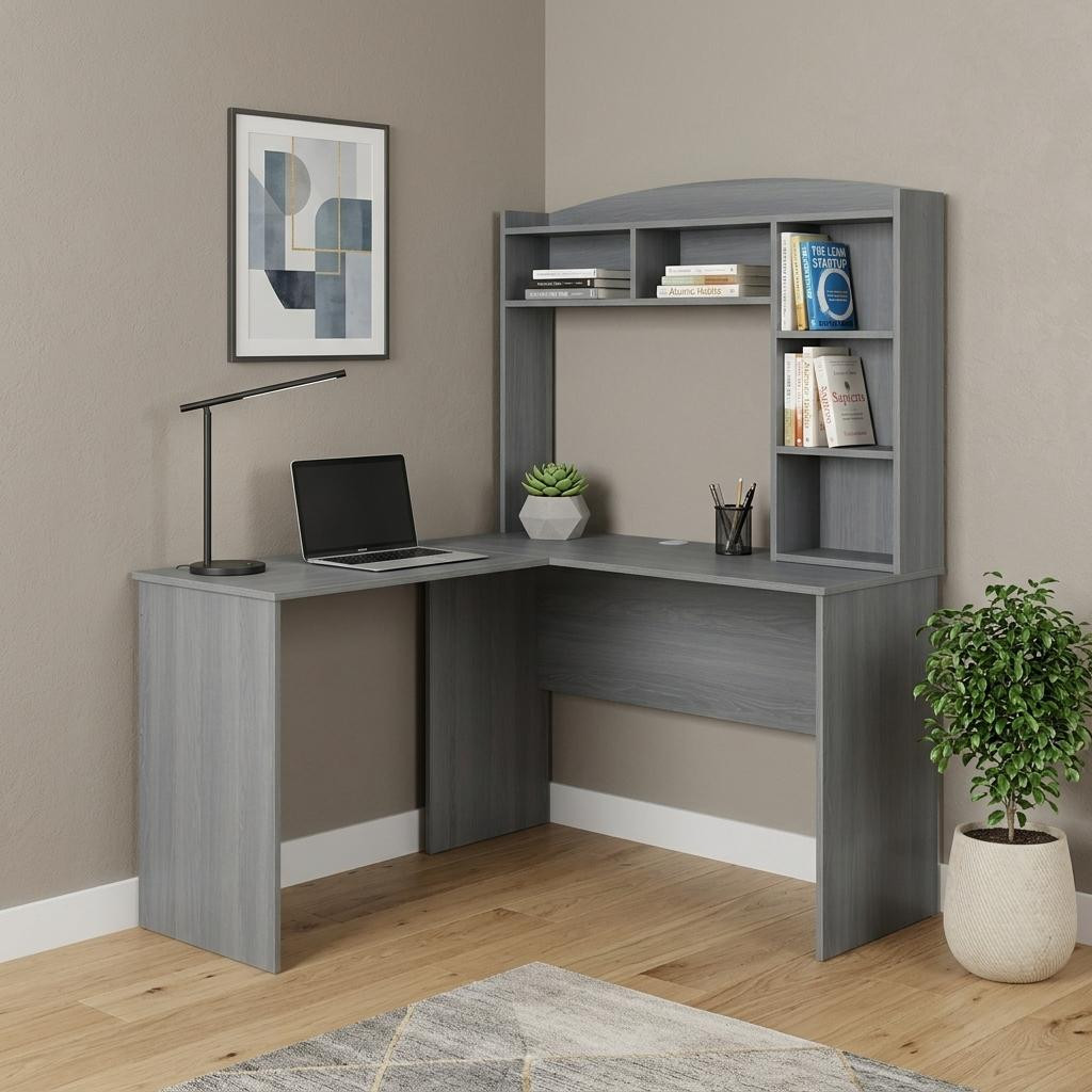 723777 49 in. Gray Wood L Shape Computer Desk with Hutch