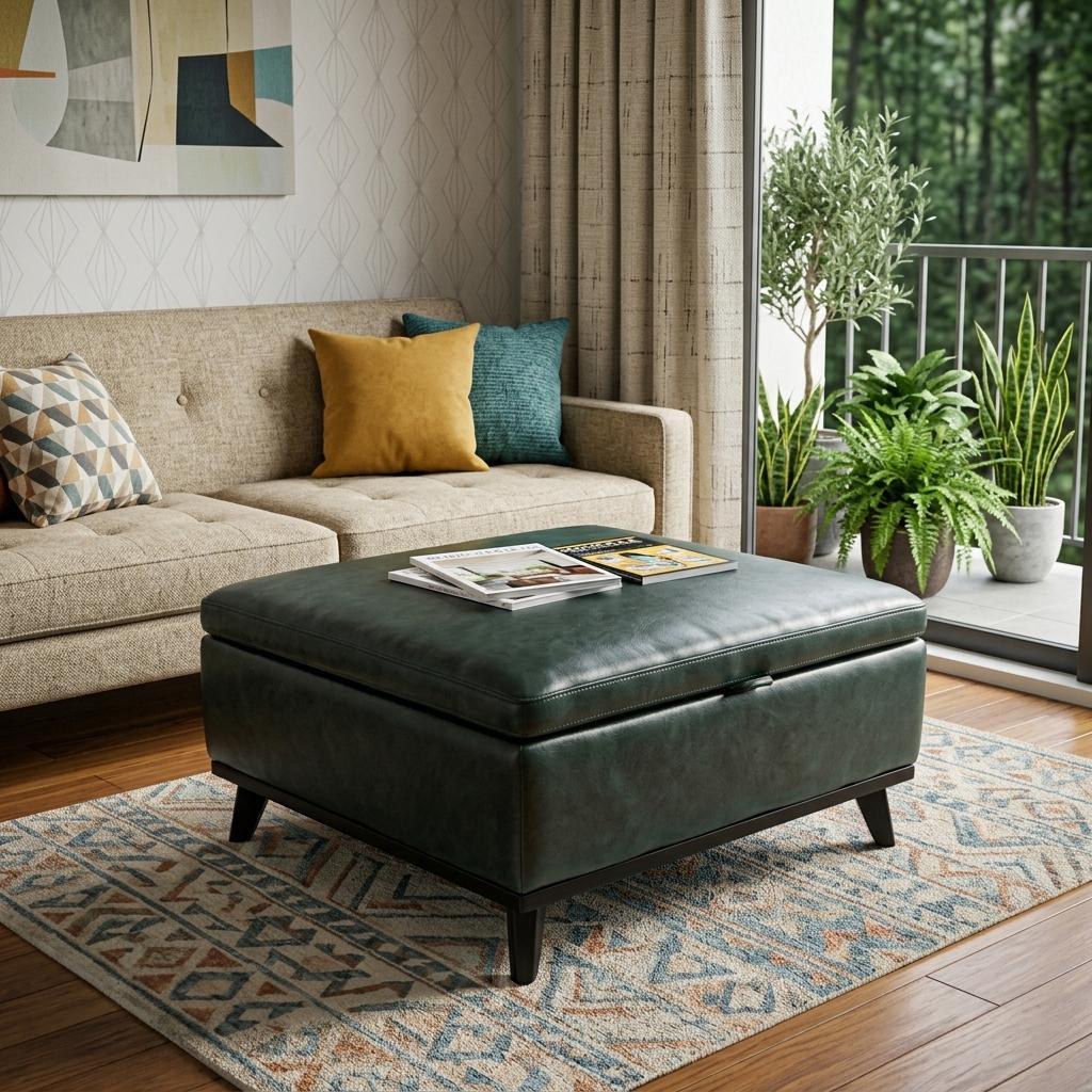 748612 37 in. Blue & Black Faux Leather Ottoman with Storage