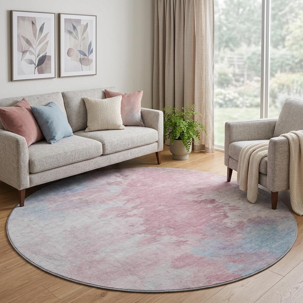 696761 8 ft. Blush Blue & Ivory Abstract Washable Round Rug with UV Protection