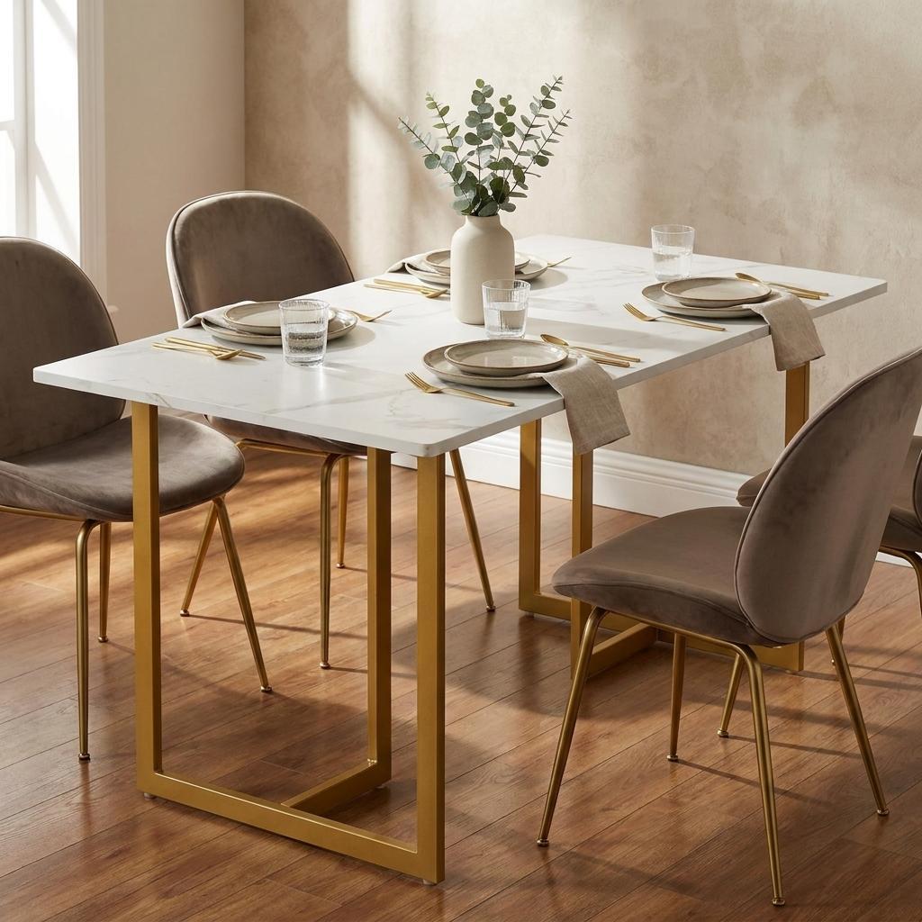 762854 55 in. White & Gold Faux Marble & Iron Sled Base Dining Table