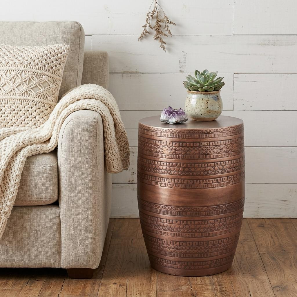 636074 20 in. Textured Copper Distressed Iron Round Drum End Table