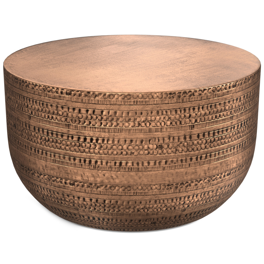 641876 18 in. Antique Copper Distressed Iron Round Drum End Table