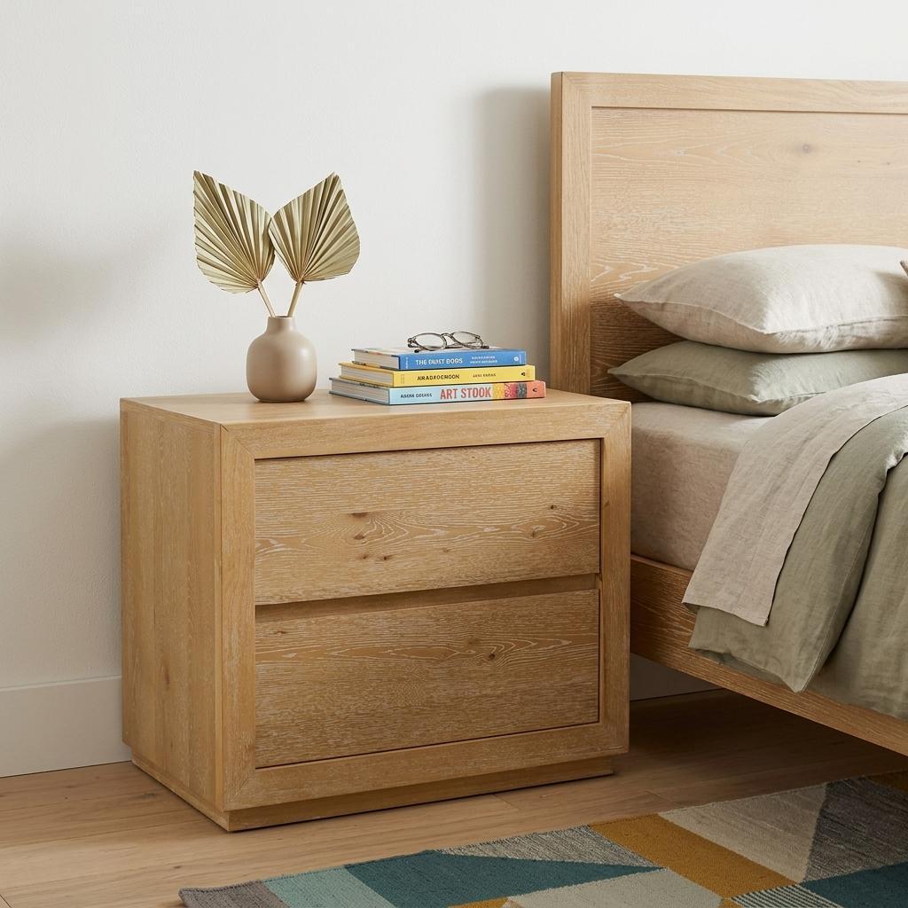 762767 25 in. Oak Wood Two Drawer Nightstand