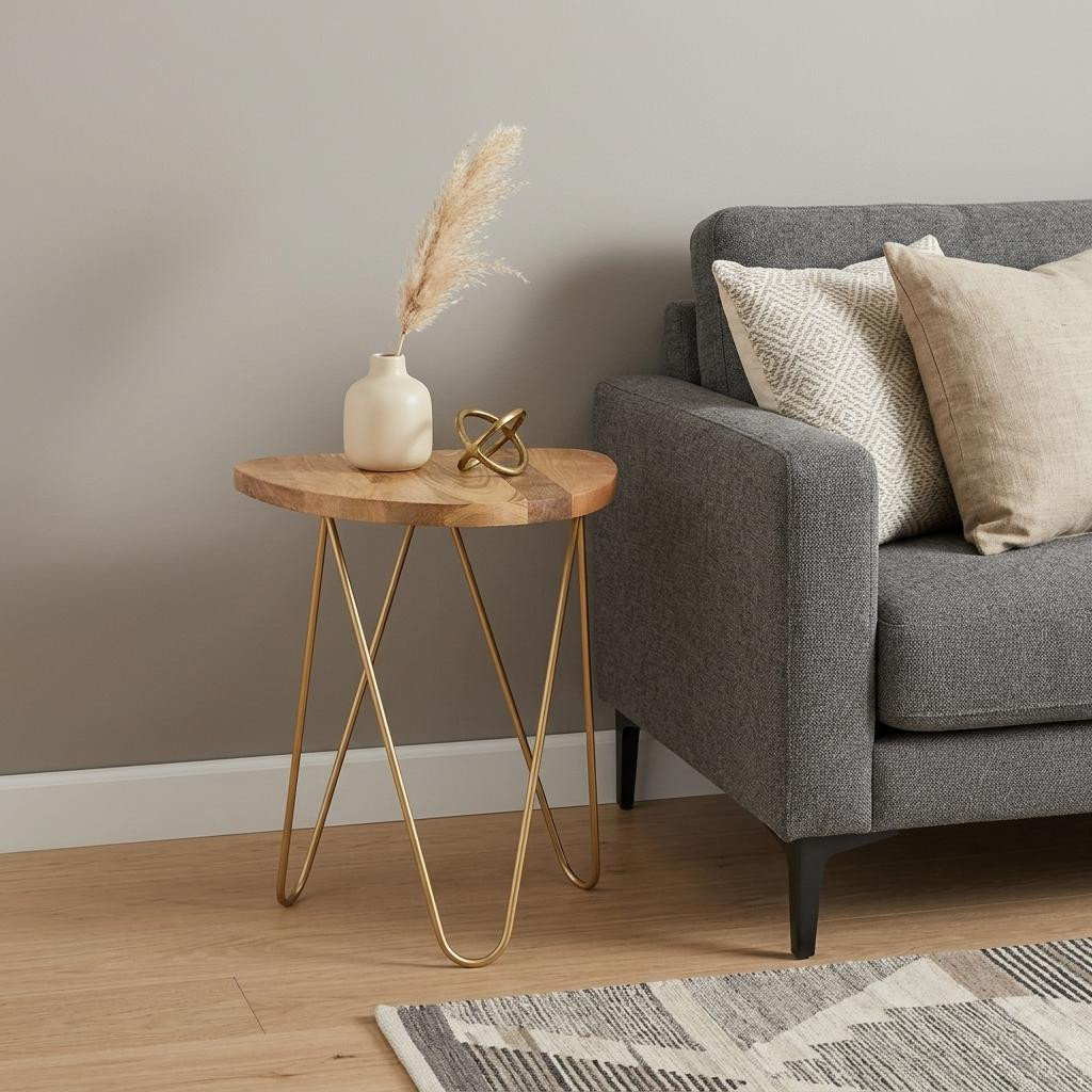 636078 21 in. Natural & Gold Solid Wood & Iron Free Form End Table