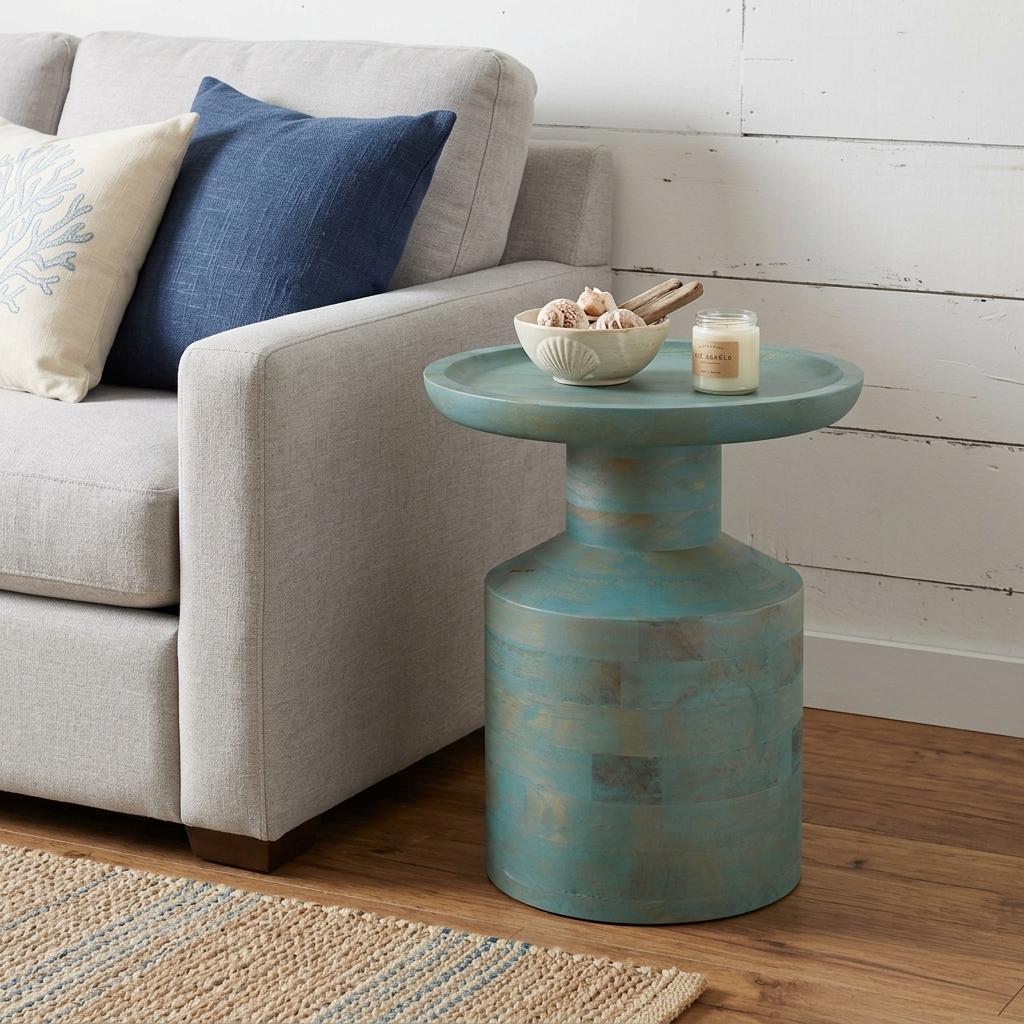 641879 18 in. Teal Blue Solid Wood Round Pedestal End Table